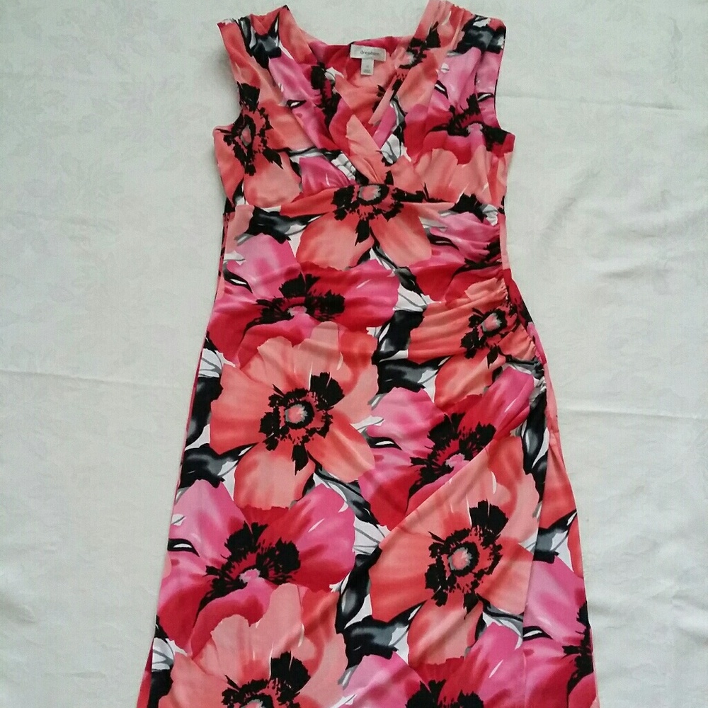 V-neck Colorful tropical flower Pink red orange ruched Dress